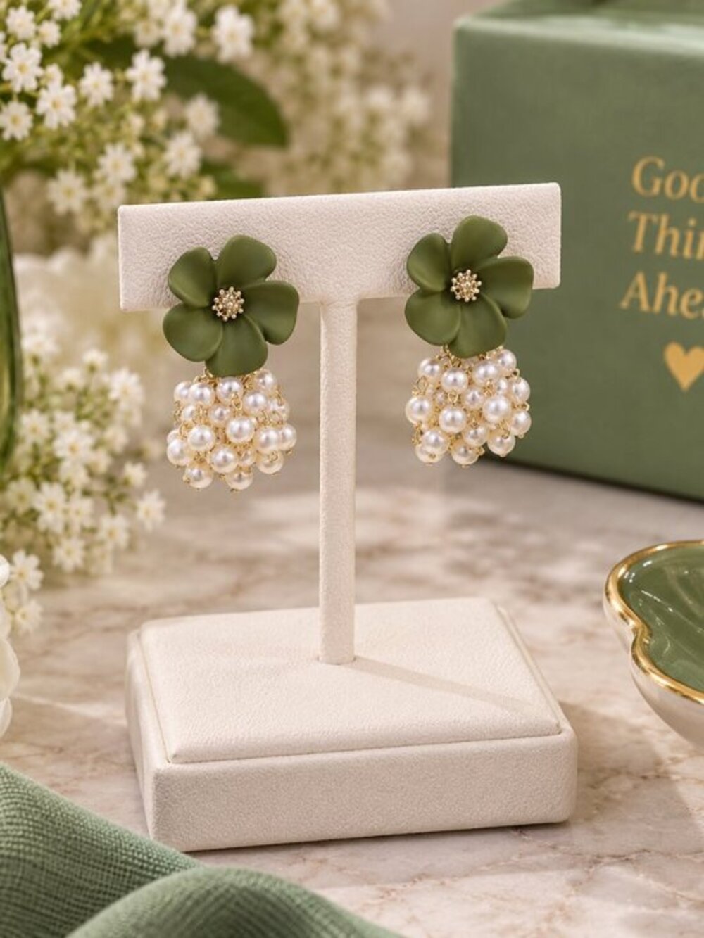 Green Floral Faux Pearl Cluster Dangle Earrings NWT